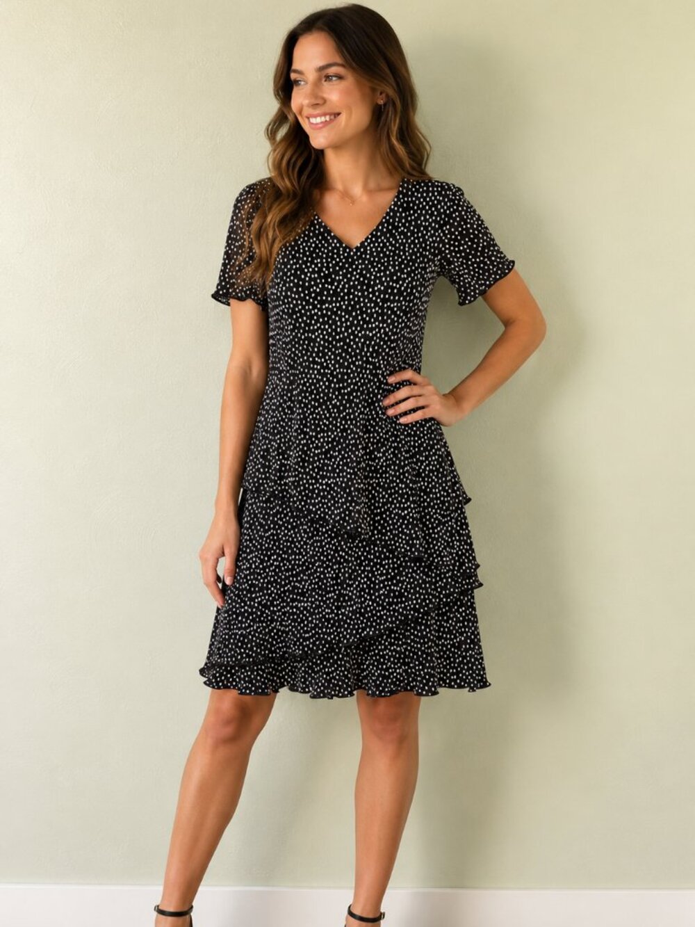 Black & White Polka Dot Plissé Tiered Dress Size 10